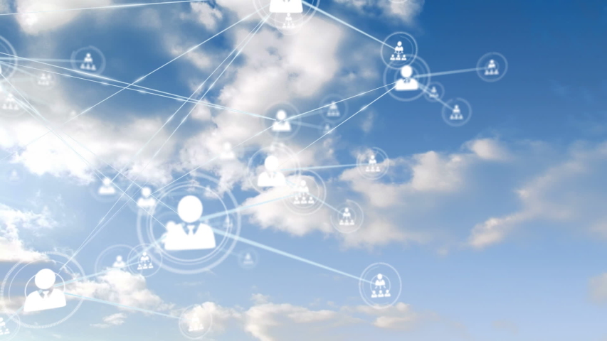 Animation of network of connections and icons moving over clouds passing on blue sky in the background. Digital network of global connections networking business concept. | Shutterstock HD Video #1053672131