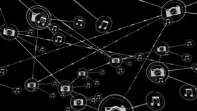Animation of data processing and network of connections with camera and music icons on black background. Global networking. 3d digital design composite video animation. - Powered by Shutterstock - Get 15% off with code: PIKWIZARD15