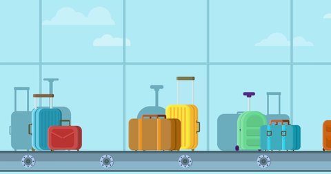 4K resolution Looped animation of Luggage airport carousel and plane on airfield. Seamless motion animated footage in flat cartoon style with baggage line, conveyor belt with bags and suitcases