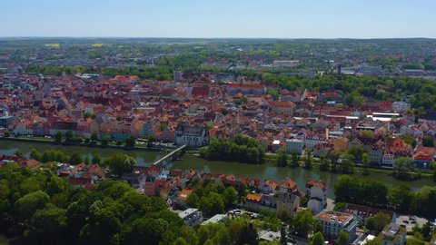 Aerial view of the city Regensburg in Germany, Bavaria on a sunny spring day during the coronavirus lockdown.
