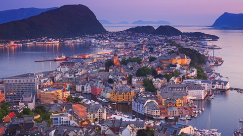 Timelapse of night Alesund from the mountain Aksla, Norway