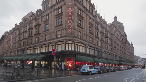 London, United Kingdom - January 28, 2013: Harrods Luxury Department Store on Brompton Road Winter Knightsbridge, London, UK.
