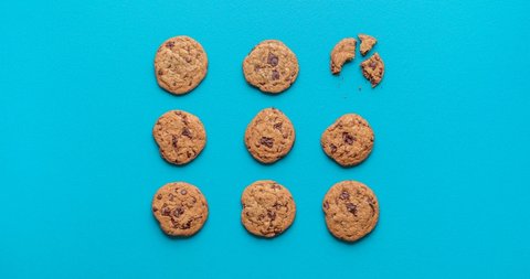 Chocolate chip cookies moving on a blue seamless background. Cookies funny stop motion. Animated chocolate cookies. Home-baked sweet snacks 4k video.
