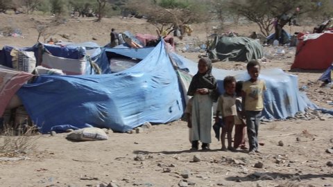 Taiz  Yemen - 09 Feb 2017 :Yemeni children live in the open in a camp for the displaced, to escape the ongoing war in the city of Taiz