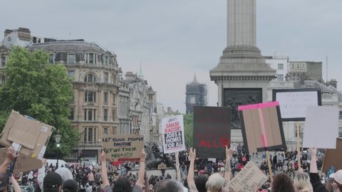 LONDON, UK - JUNE 3, 2020: Protesters chanting Black Lives Matter at Trafalgar Square for Black Lives Matter/George Floyd Protest, London, England, UK