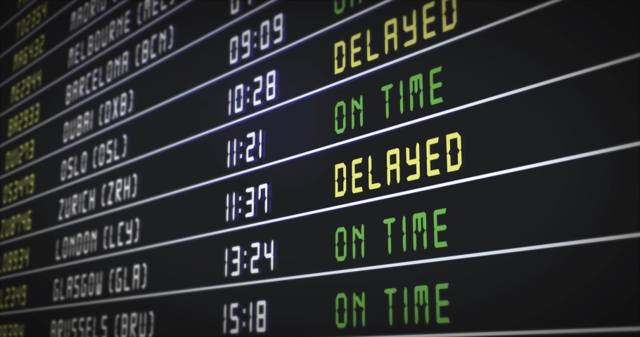 Canceled vacation flights. Arrival and departure times on information board are changed to canceled. Digital generated animation. Royalty-Free Stock Footage #1053703301