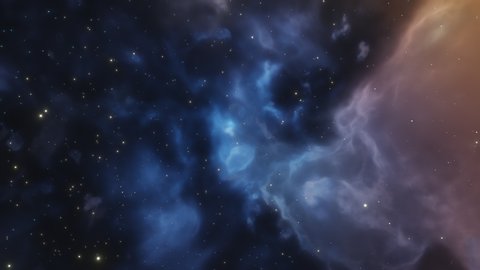 CGI Loopable Animation Space Travel Throug Blue and Orange Nebula Clouds and Star Clusters.