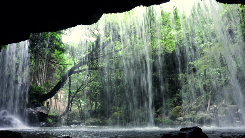 Waterfall Nabegataki in Japan stunning tourist green landscape in daylight Royalty-Free Stock Footage #1053703517