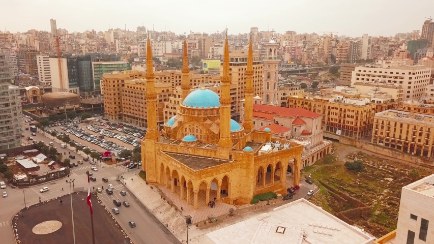 Flying toward Mohammad Al-Amin Mosque or Blue Mosque in downtown Beirut, Royalty-Free Stock Footage #1053704471