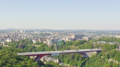 Dolly zoom. Luxembourg, Historical city center in the morning. Pont Rouge, Aerial View