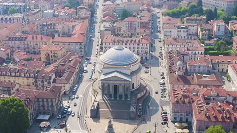 Dolly zoom. Turin, Italy. Flight over the city. Catholic Parish Church Gran Madre Di Dio, Aerial View
