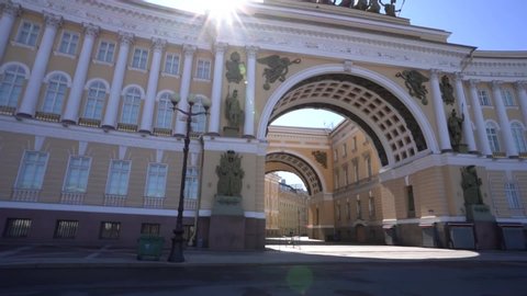 St Petersburg / Russia - June 2 2020: 
 Arch on Palace square in Saint Petersburg, passing through the arch on a Sunny day