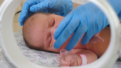 Newborn baby Crying In Resuscitation Place of modern maternity clinic. Female doctor hands giving pacifier to a child to calm down fast and frequent breathing Close-up. 4k video
