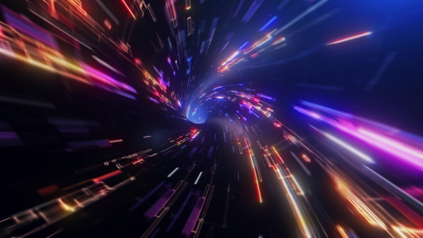 Speed of digital lights, neon glowing rays in motion into digital technologic tunnels. 3D animation