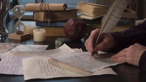 Writer Rereads and Appends the Manuscript. Medieval writer rereads text on a sheet of old paper and appends with a pen at the bottom a few lines