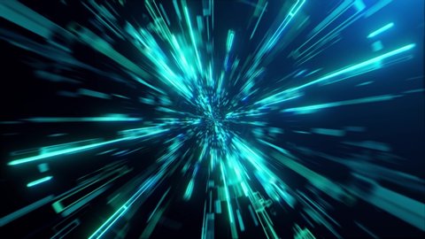 Speed of digital lights, neon glowing rays in motion into digital technologic tunnels. 3D render