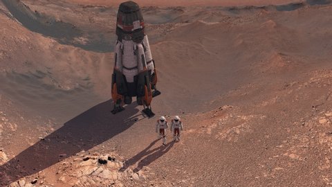 Astronaut wearing space suit walking on the surface of Mars. Exploring mission to mars red planet. Futuristic colonization and space exploration concept. Elements of this video furnished by NASA