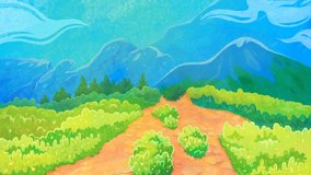 Climbing in the mountains, wild rest at nature, mountain trail. 2D animation, animated background. Mountain landscape, camping in the foggy mountains. Rest at nature.