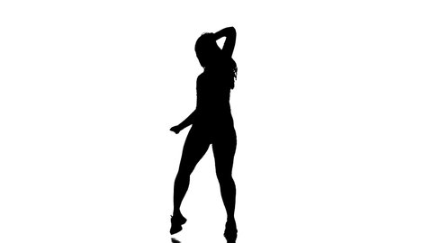 black silhouette on a white background, young beautiful woman dancer in fishnet tights and shorts dancing dancehall twerk, street modern dance, longshot
