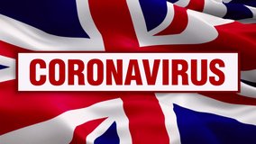 United Kingdom waving flag with Coronavirus Text. Coronavirus hazard and Infection in British flag waving. Sign of United Kingdom UK seamless loop animation. Civid 19 health disease concept British fl