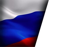 Russian flag video waving in wind half white background for text. Realistic Russian Coat of arms Flag background. Russia Flag Looping Closeup footage.Russia Kremlin country flags video for film,news
