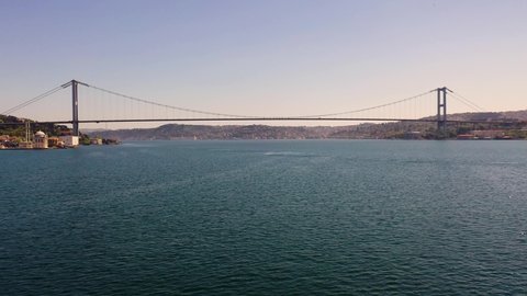 15 July Martyrs Bridge, Bosphorus Bridge from Sky Aerial view. Istanbul Turkiye.