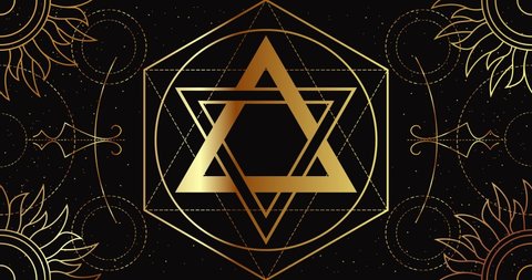 Seal of Solomon rotates on a black background with a geometric golden pattern. The magical occult symbol of wealth. Looping animation.
