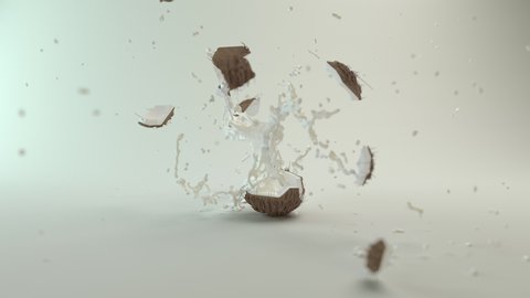 Slow motion of coconut explosion with splashes of milk. Realistic 3d animation.