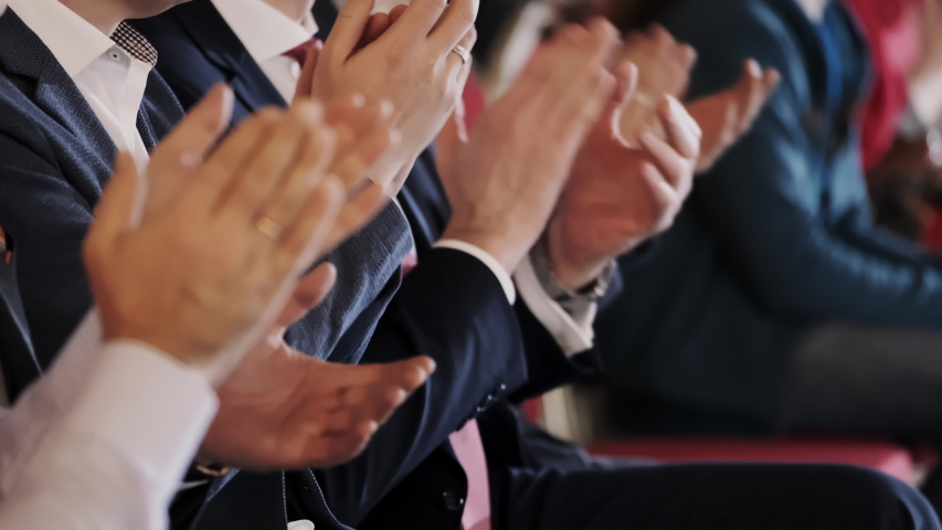 Applause crowd manager conference product closeup active clap hand congratulating colleague 4K. Many men clapping award businessmen excellent job. Vivid emotion audience conference with applause. Royalty-Free Stock Footage #1053756263