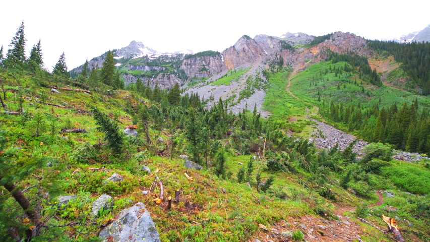 High wide angle view panning of rain on lake pond on Conundrum Creek Trail in Aspen, Colorado in 2019 summer with avalanche damage trees