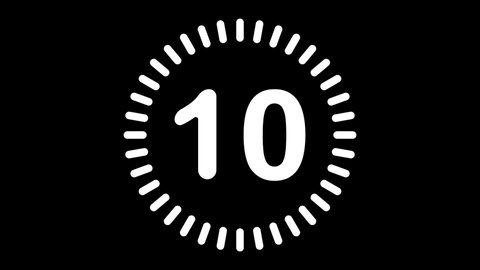 Old style video countdown counter with rounded corners for 10 to 1 on a black background.