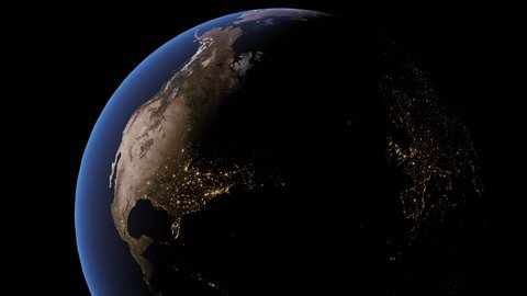 The Planet Earth slowly rotating in space. Realistic earth with night lights from space. Looping animation of the night side of earth. High quality 3d animation.