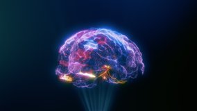 Wireframe 3D Animation of Human Brain. Rotating Brain Model with Neural Network Iridescent Impulses Showing Brainstorming Neuronal Activity. Artificial Intelligence (AI). Scientific Technology. Big - Powered by Shutterstock - Get 15% off with code: PIKWIZARD15