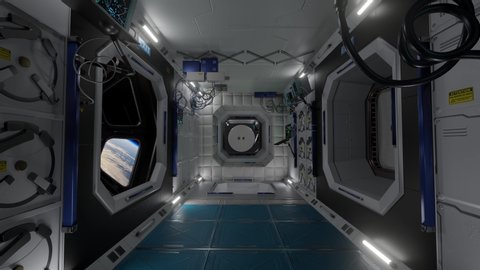3d render of International Space Station Interior. Narrow corridor of ISS. Interior of ISS module Cupola