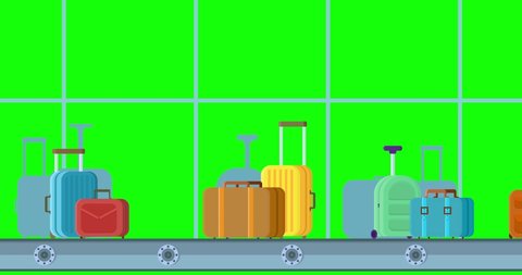 4K resolution Looped animation of conveyor belt and plane on background. green screen Seamless motion animated footage in flat style with Luggage airport carousel, baggage line with bags and suitcases
