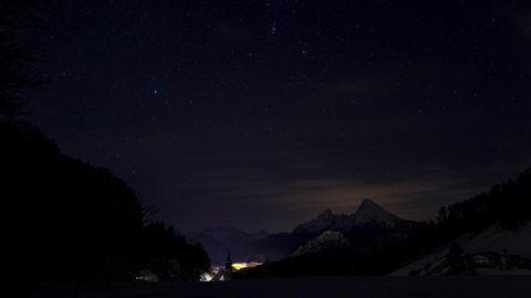 night sky full of stars, sirius and orion over the church of Maria Gern, Berchtesgaden, Bavaria, Germany