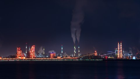 Time lapse Industrial factory steel mills and smoke at night in pohang Gyeongsangbuk-do, South Korea.