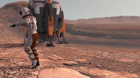 Astronaut dancing on Mars red planet. Exploring Mission To Mars. Futuristic Colonization and Space Exploration Concept. Colony on Mars. Elements of this video furnished by NASA.
