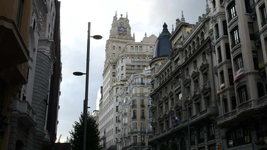 bus crossing the Gran Vía in Madrid, Spain. Filmed on June 4, 2020.