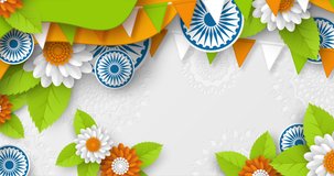 Seamless 4K loop video animation for national holidays of India. Rotating wheel shapes on floral background in traditional tricolor of indian flag. Copy space.
