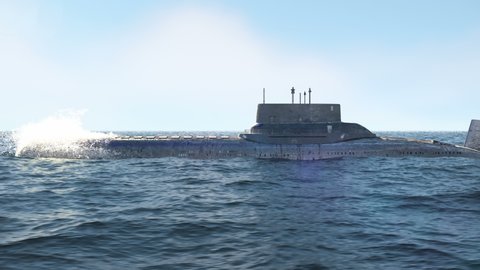 A nuclear-powered military submarine slowly sails on the blue boundless ocean.