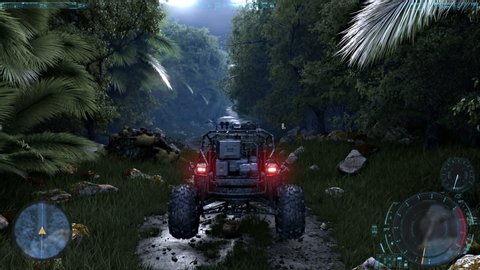 Speed Racing 3d Video Game with Interface. Rain and jungle. Baggy dirty rally. Gameplay Screen.