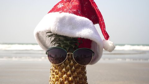 Christmas on the beach. Pineapple tourist in a hat of Santa Claus at sea