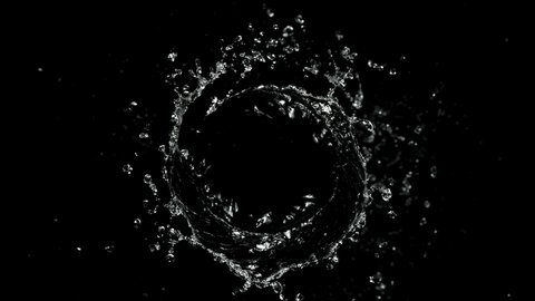 Super slow motion of splashing water rotation isolated on black background. Filmed on very high speed camera, 1000 fps.