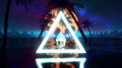 Retro futuristic synthwave landscape seamless loop. Sci-fi VJ 80s stylized vaporwave 3D looping animation with sunset, palms, water, low poly mountains. 4K VHS retrowave intro with sun and neon lights