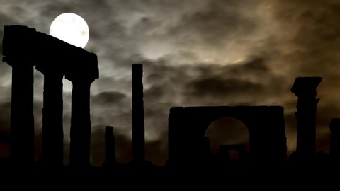 Ancient City of Pompeii: Time Lapse by Night with Full Moon and Dark Silhouette of Ruins, Naples, Italy