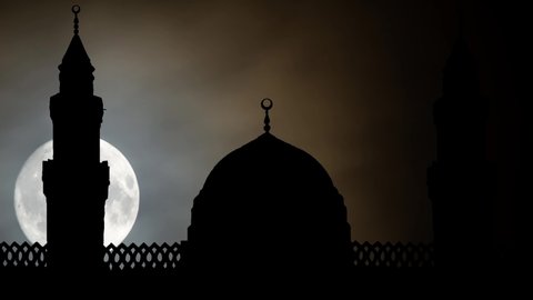 Medina, Saudi Arabia: Masjid al-Qiblatayn by Night, Time Lapse with Full Moon and Silhouette of Qiblatain Mosque