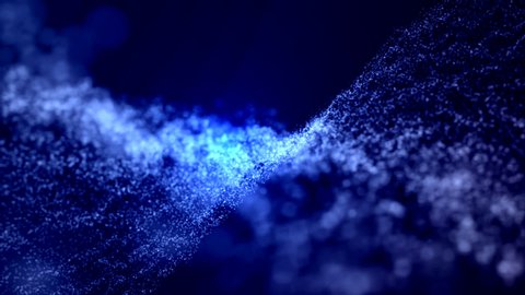 Abstract digital blue color wave with flowing small particles dance motion on wave and light abstract background. Cyber or technology background.