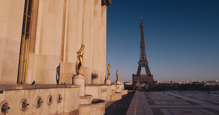 Trocadero with the Eiffel Tower and Paris in the background with blue sky, France Royalty-Free Stock Footage #1053808655