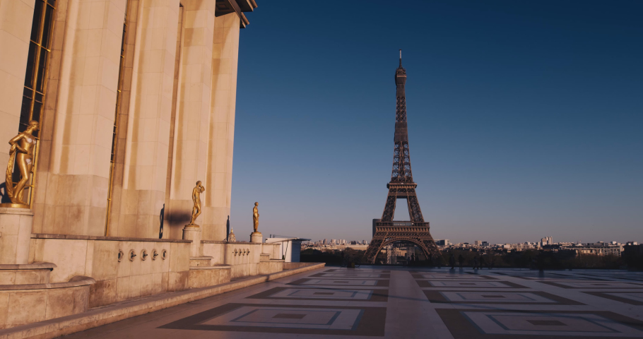 Trocadero with the Eiffel Tower and Paris in the background with blue sky, France | Shutterstock HD Video #1053808655